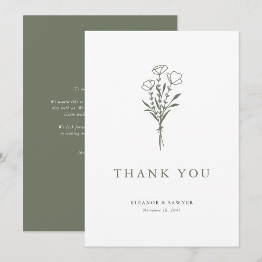 Minimalistisch Taupe Green Bloral Bouquet Wedding Dankeskarte (Vorne/Hinten)