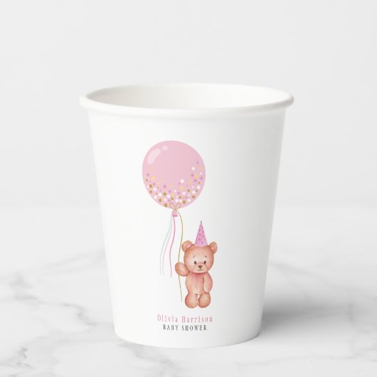 Minimalistisch Teddy Bear Pink Balloon Babydusche Pappbecher (Vorderseite)