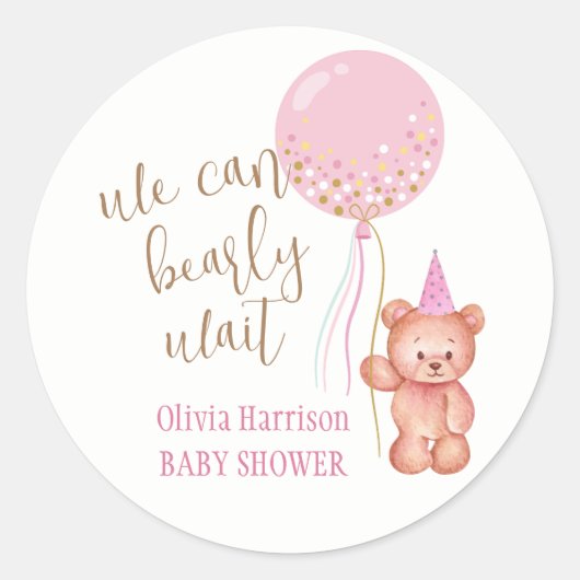 Minimalistisch Teddy Bear Pink Balloon Babydusche Runder Aufkleber (Vorderseite)