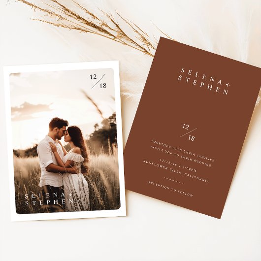 Minimalistisch Terracotta Boho Foto Wedding Einladung