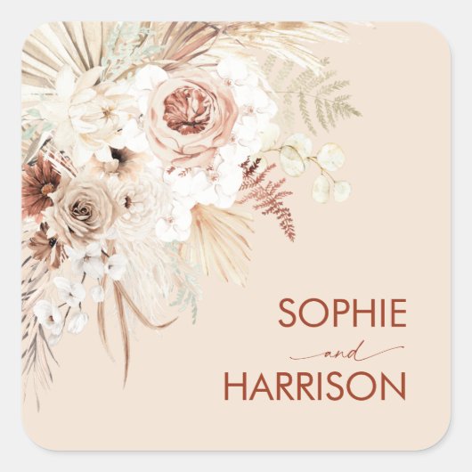 Minimalistisch Terracotta Boho Pampas Grass Square Quadratischer Aufkleber (Vorderseite)