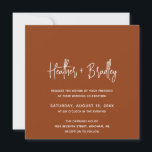 Minimalistisch Terracotta Moderne Hochzeit Einladung<br><div class="desc">Moderne quadratische Hochzeitseinladung mit einem einfachen Design mit Ihren Namen in einer eleganten Schrift Typografie und Ihre Veranstaltungsdetails in einem minimalistischen Sans Serif Schriftart. Alle Gestaltungselemente sind in Weiß über einem Terrakotta/Kupfer-Hintergrund. Diese schicke Hochzeitseinladung funktioniert gut für eine Herbst/Herbst Hochzeit.</div>