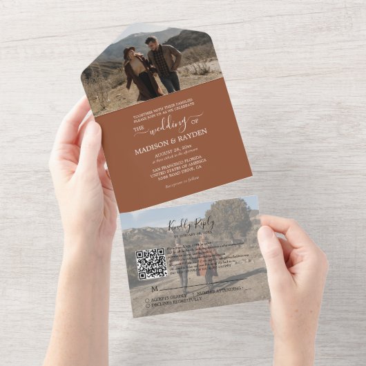 Minimalistisch Terracotta QR Code UAWG Wedding All In One Einladung (Abreißen)