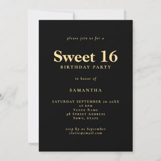 Minimalistisch Text Black Sweet 16 Geburtstagspart Einladung