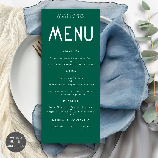 Minimalistisch Text Emerald Wedding Menu-Karte Einladung
