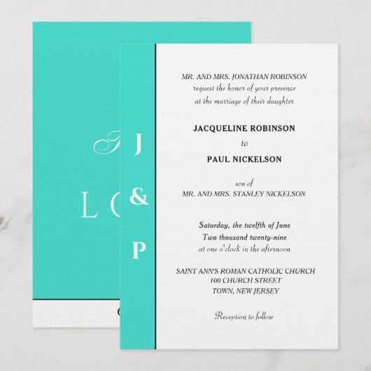 Minimalistisch Türkis White Monogram Einladung (Vorne/Hinten)
