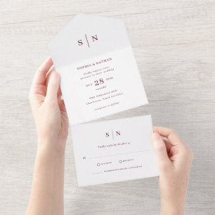 Minimalistisch und Chic Burgund- und Weiße Hochz All In One Einladung