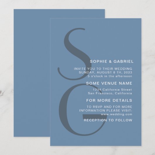 Minimalistisch und stilvoll. Dusty Blue Mongram We Einladung (Vorne/Hinten)