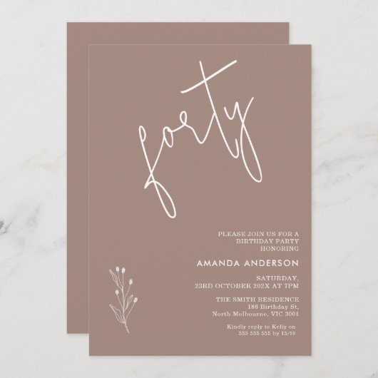 Minimalistisch Warm Brown Boho Motif 40. Geburtsta Einladung (Vorne/Hinten)