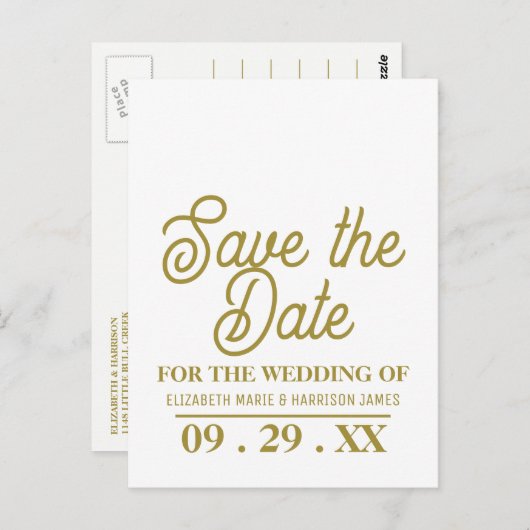 Minimalistisch, weiß und Gold, Hochzeit das Datum  Postkarte (Vorne/Hinten)