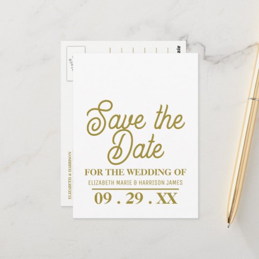 Minimalistisch, weiß und Gold, Hochzeit das Datum Postkarte (Vorderseite/Rückseite Beispiel)