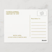 Minimalistisch, weiß und Gold, Hochzeit das Datum Postkarte (Rückseite)