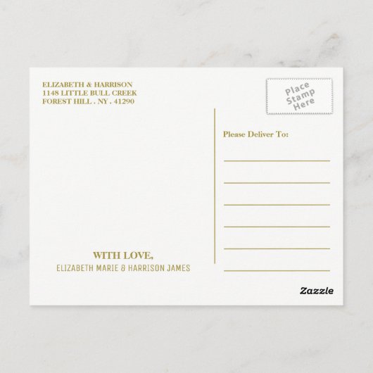 Minimalistisch, weiß und Gold, Hochzeit das Datum Postkarte (Rückseite)