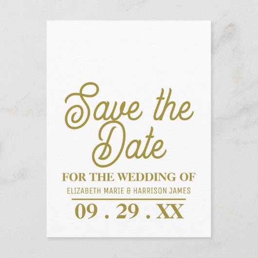 Minimalistisch, weiß und Gold, Hochzeit das Datum  Postkarte (Vorderseite)