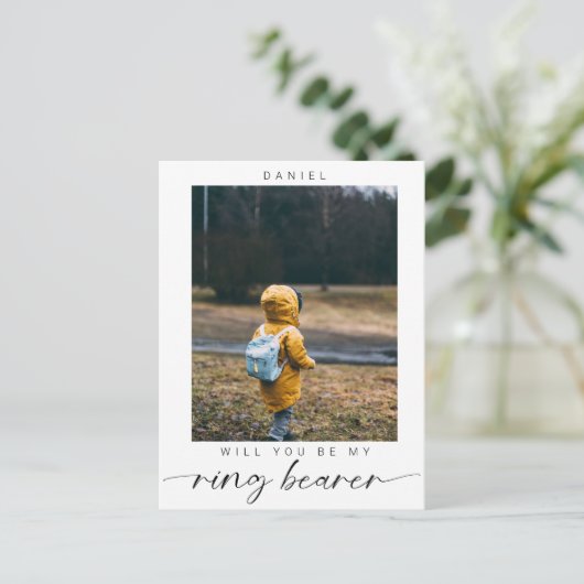 Minimalistisch Werden Sie mein Ring Bearer Foto Ch Postkarte (Stehend Vorderseite)
