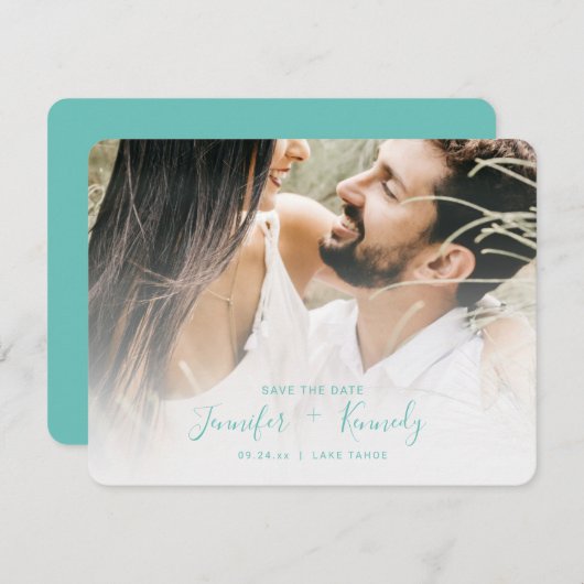 Minimalistisch White Overlay Aqua Script & Foto Save The Date (Vorne/Hinten)