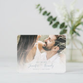 Minimalistisch White Overlay Dusty Blue Script & F Save The Date (Stehend Vorderseite)