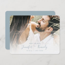 Minimalistisch White Overlay Dusty Blue Script & F Save The Date