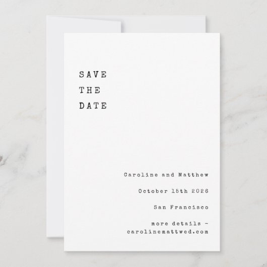Minimalistisch White Retro Schreibmaschine Schrift Save The Date (Vorderseite)