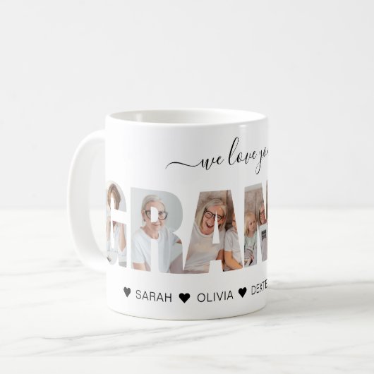 Minimalistisch Wir Liebe Sie GRANNY Foto Collage Kaffeetasse (Vorderseite Links)