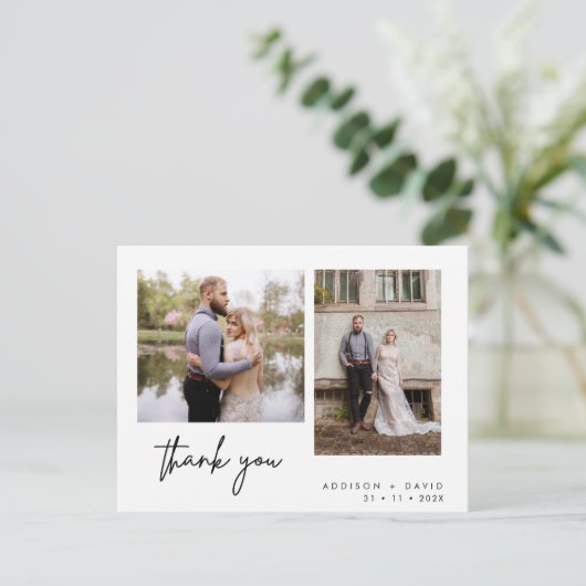 Minimalistisch zwei Foto Hochzeit Danke Postcard Postkarte (Stehend Vorderseite)