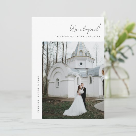 Minimalistische 2-Foto-Script-Elopement Ankündigung (Stehend Vorderseite)