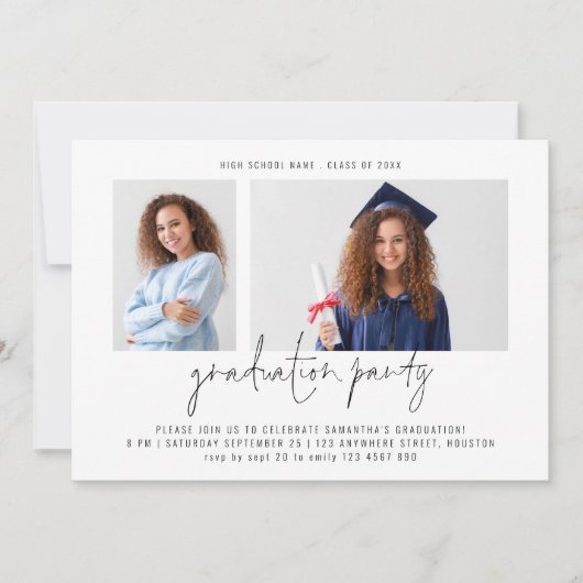 Minimalistische 2-Foto-Script-Graduierungspartei Einladung (Vorderseite)
