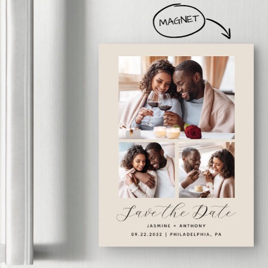 Minimalistische 3-Foto Collage Beige Save the Date Magneteinladung