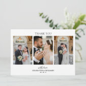 Minimalistische 3-Foto-Script-Hochzeit Danke-Karte Dankeskarte (Stehend Vorderseite)