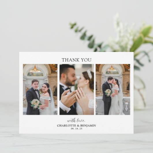 Minimalistische 3-Foto-Script-Hochzeit Danke-Karte Dankeskarte (Stehend Vorderseite)
