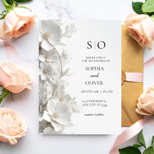 Minimalistische 3D weiße Blumen Hochzeit Luxus Ele Einladung