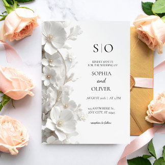 Minimalistische 3D weiße Blumen Hochzeit Luxus Ele Einladung