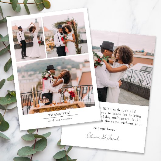 Minimalistische 4-Foto Hochzeit Dankeskarte