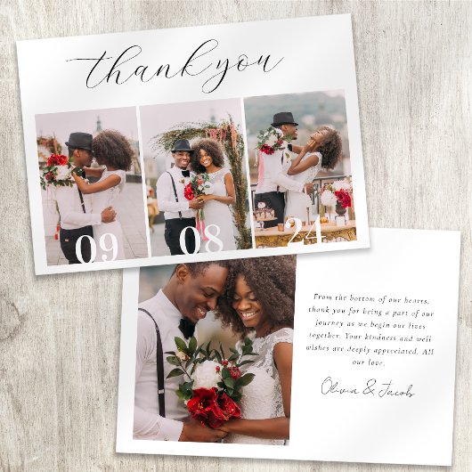 Minimalistische 4-Foto-Kalligrafie-Hochzeit Dankeskarte
