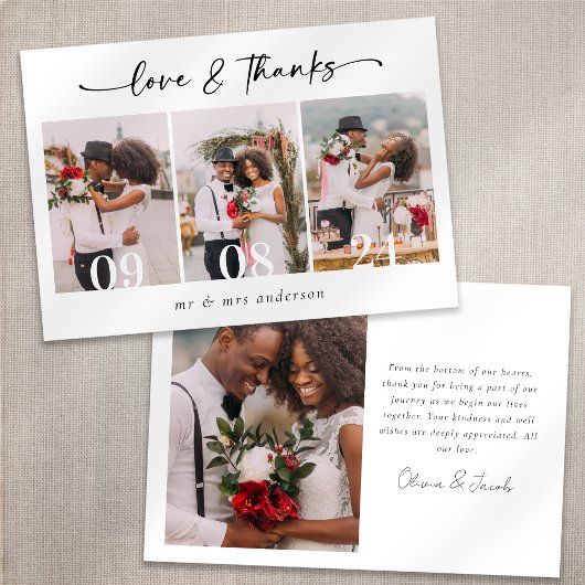 Minimalistische 4-Foto-Kalligrafie-Hochzeit Dankeskarte
