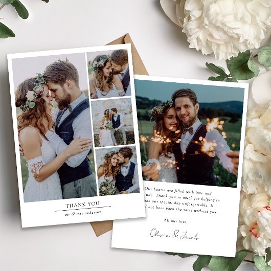 Minimalistische 5-Foto-Hochzeit Dankeskarte