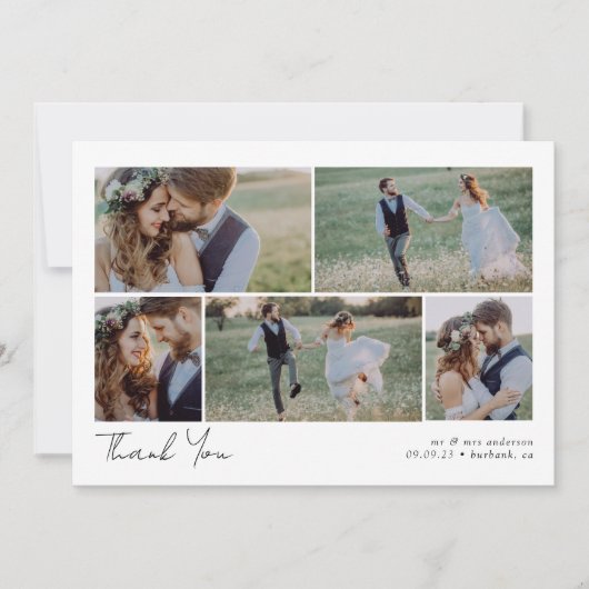 Minimalistische 6-Foto-Kalligrafie-Hochzeit Dankeskarte (Vorderseite)
