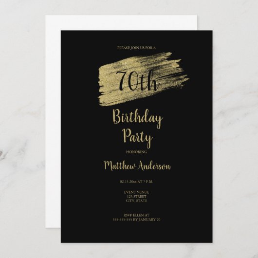 Minimalistische 70. Gold Black Birthday Einladung (Vorne/Hinten)