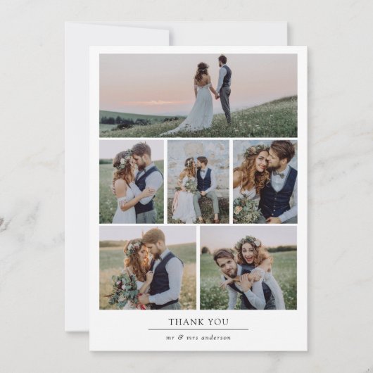 Minimalistische 7 Foto Hochzeit Dankeskarte (Vorderseite)