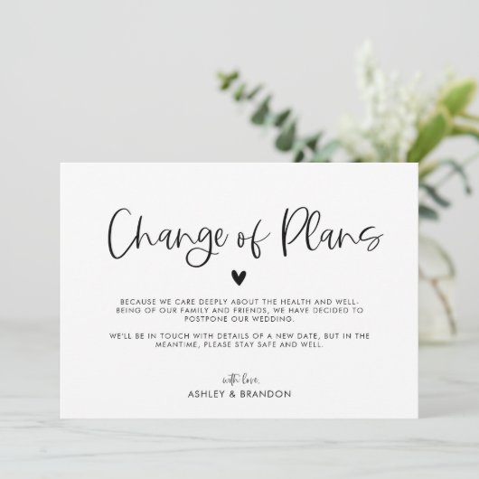 Minimalistische Änderung der Pläne für Hochzeiten  Einladung (Stehend Vorderseite)