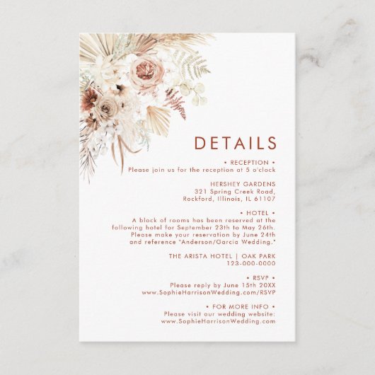 Minimalistische Angaben zu Boho Pampas Gras Begleitkarte (Vorderseite)