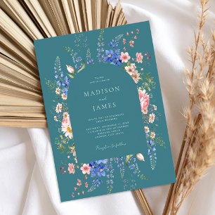 Minimalistische Aquamarine Boho Wildblume Hochzeit Einladung