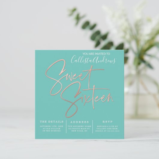 Minimalistische Aquamarine Rose Goldtypografie Swe Einladung (Stehend Vorderseite)