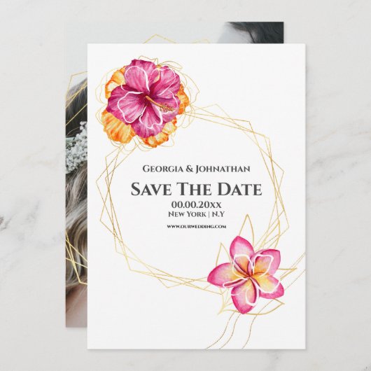 Minimalistische Aquarellblüte Hawaiian tropisch Save The Date (Vorne/Hinten)