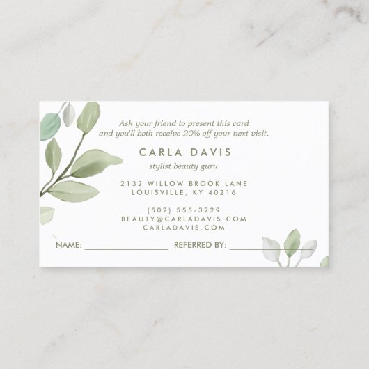 Minimalistische Aquarellgrün Blätter Moderne Empfehlungskarte (Rückseite)