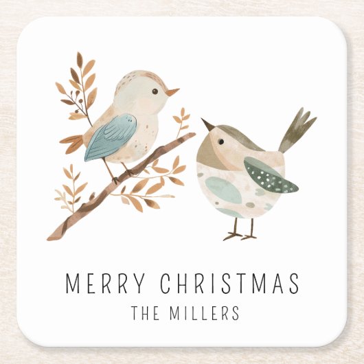 Minimalistische Aquarellvögel Frohe Weihnachten Rechteckiger Pappuntersetzer (Vorderseite)