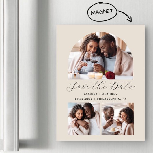 Minimalistische Arch Beige mit 3 Fotos Magneteinladung
