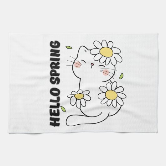 Minimalistische Ästhetik Hallo Frühling Katze & Gä Geschirrtuch (Horizontal)