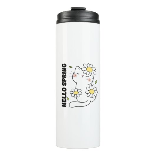 Minimalistische Ästhetik Hallo Frühling Katze & Gä Thermosbecher (Vorderseite)