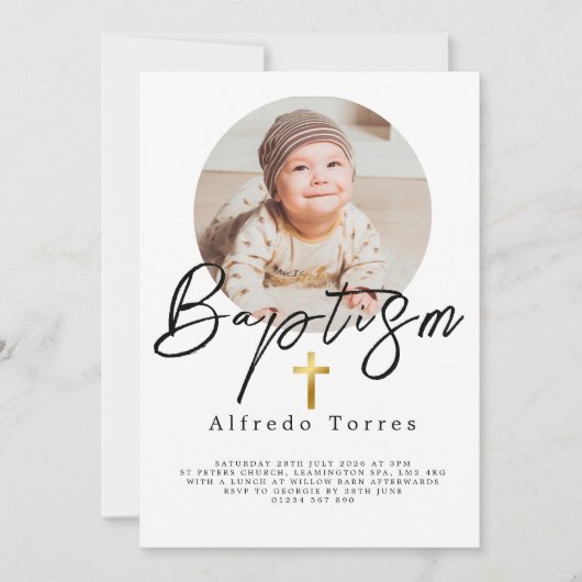 Minimalistische Baby-Taufe Einladung mit Foto (Vorderseite)